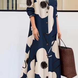 Navy Cream Floral Maxi Shirt Dress